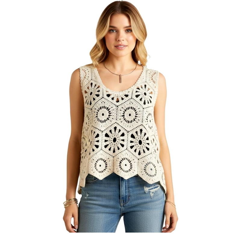 Women Boho Cotton Crochet Sweater Vest Floral Lace Sleeveless Summer Beach Cover Up Knit Tank Top