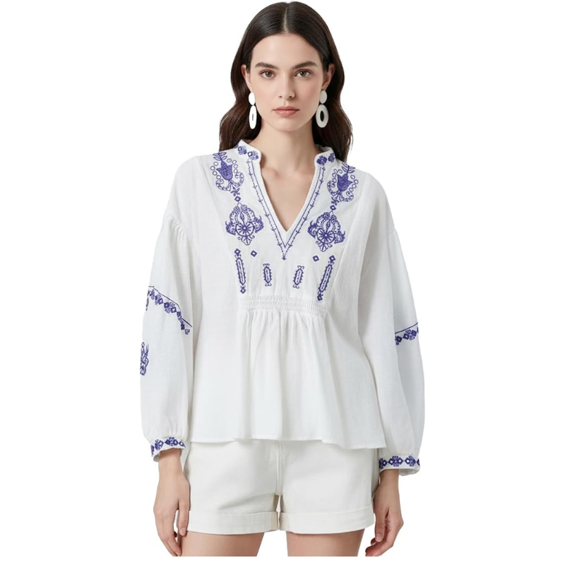 Womens Embroidered Shirt Long Sleeve Peasant Blouse Lantern Sleeve Boho Tops V Neck Loose Lightweight Casual Tunic